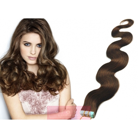 Vlnité vlasy pro metodu Pu Extension / Tape Hair / Tape IN 50cm - středně hnědé