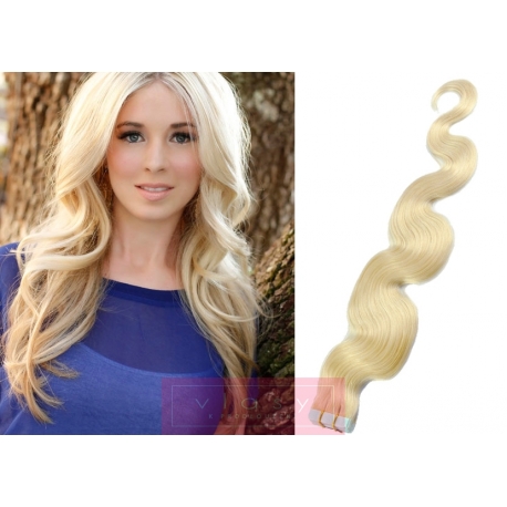 Vlnité vlasy pro metodu Pu Extension / Tape Hair / Tape IN 50cm - platina