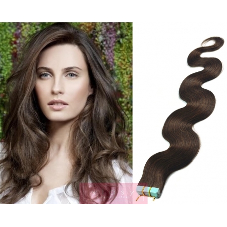 Vlnité vlasy pro metodu Pu Extension / Tape Hair / Tape IN 60cm - tmavě hnědé