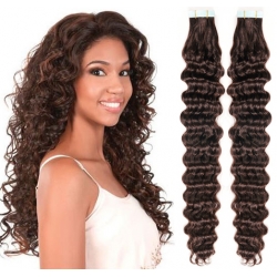 Kudrnaté vlasy pro metodu Pu Extension / Tape Hair / Tape IN 60cm - tmavě hnědé