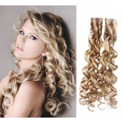 Kudrnaté vlasy pro metodu Pu Extension / Tape Hair / Tape IN 60cm - platina / světle hnědá